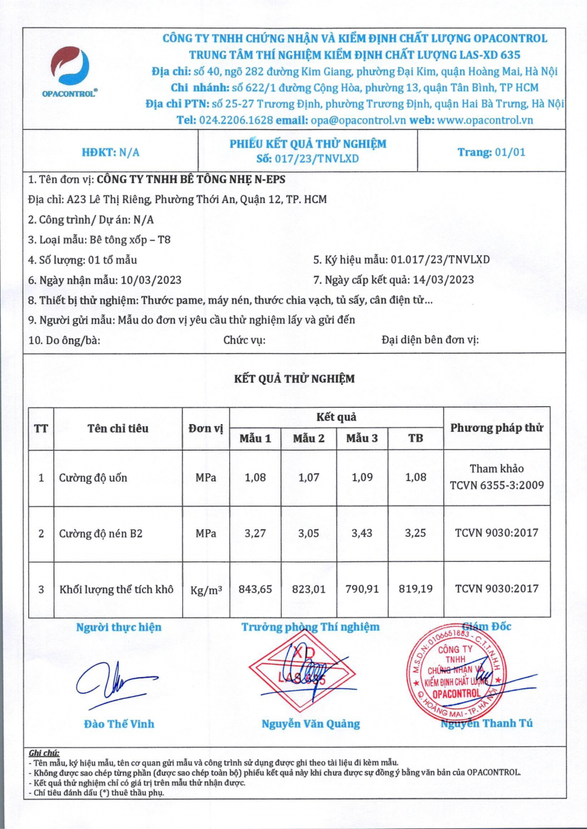Test tấm bê tông nhẹ T8