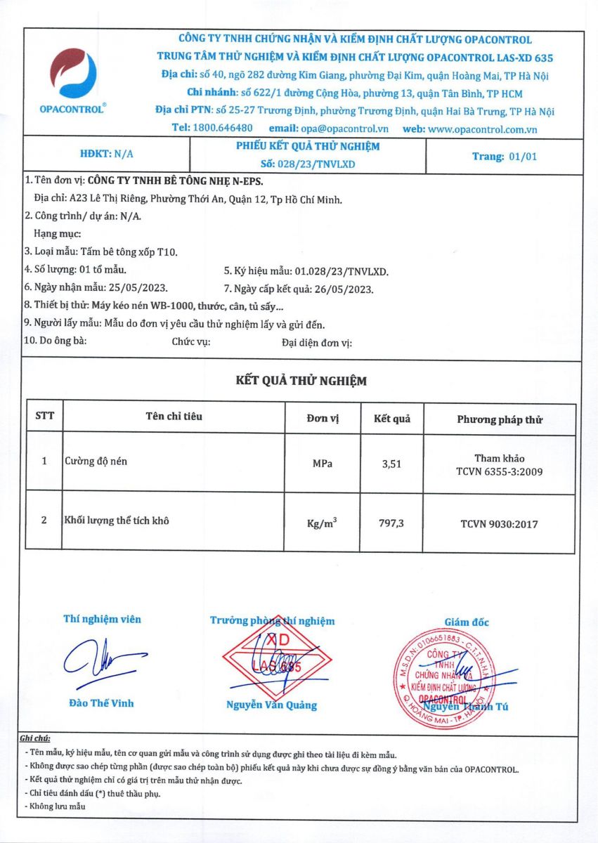 thông số test bê tông nhẹ t10