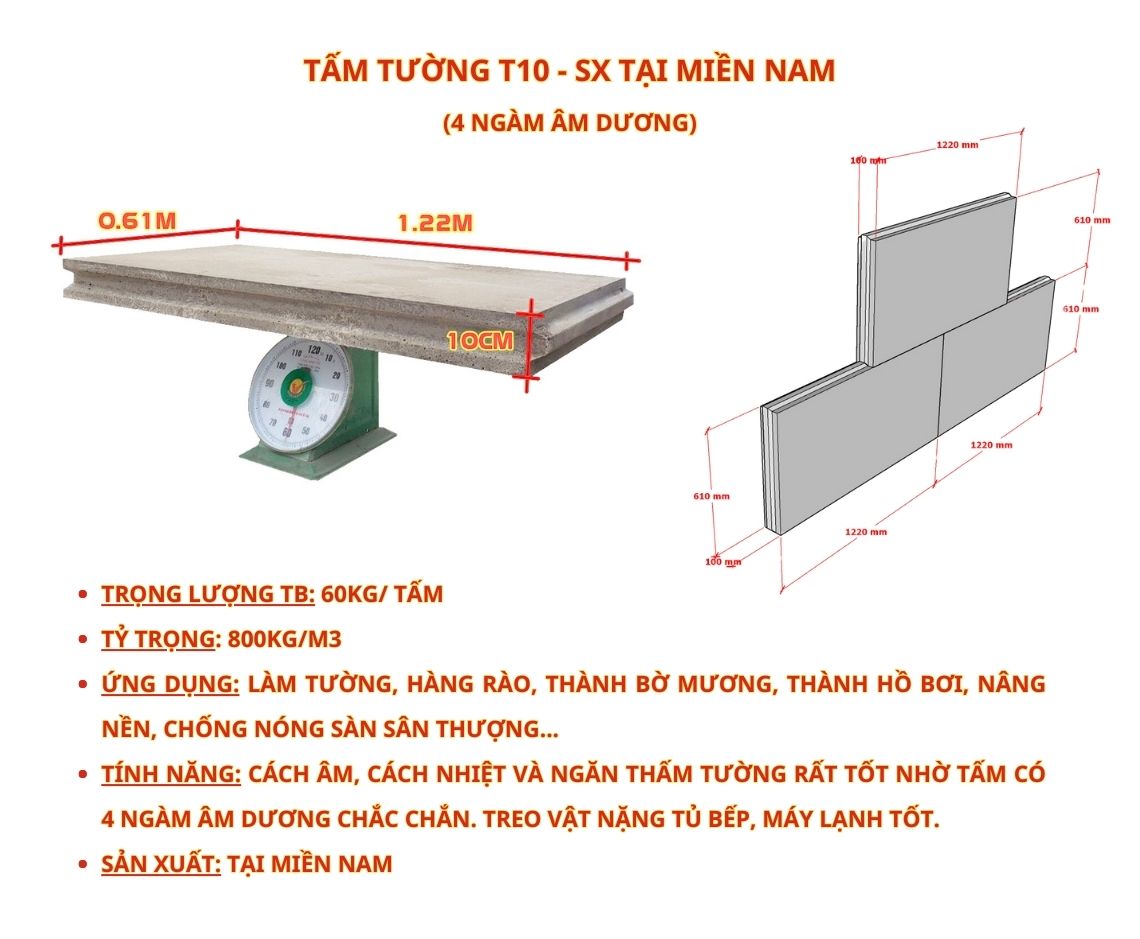quy cách tấm bê tông nhẹ T10