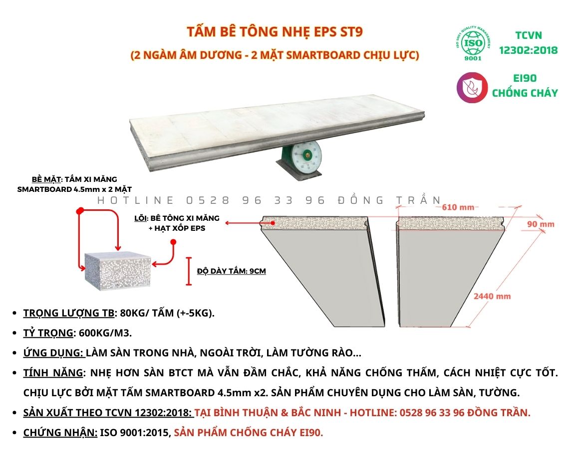 Thông số kỹ thuật tấm bê tông nhẹ eps ST9