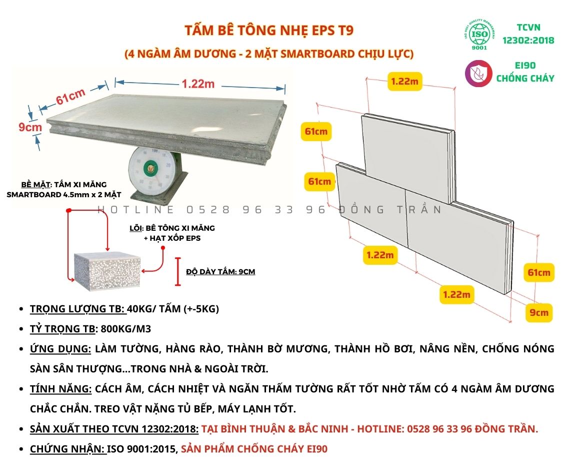 Thông số kỹ thuật tấm bê tông nhẹ eps T9