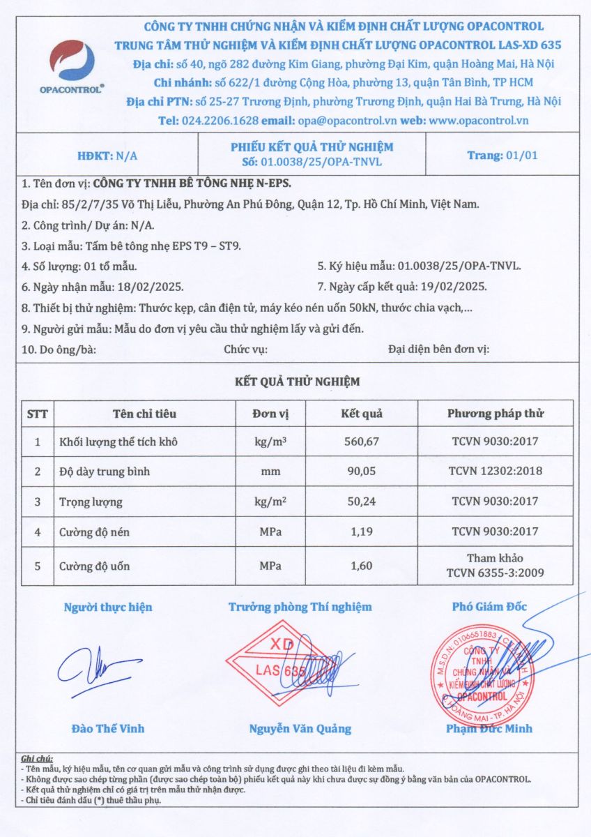 Thông số kỹ thuật tấm bê tông nhẹ eps T9 ST9