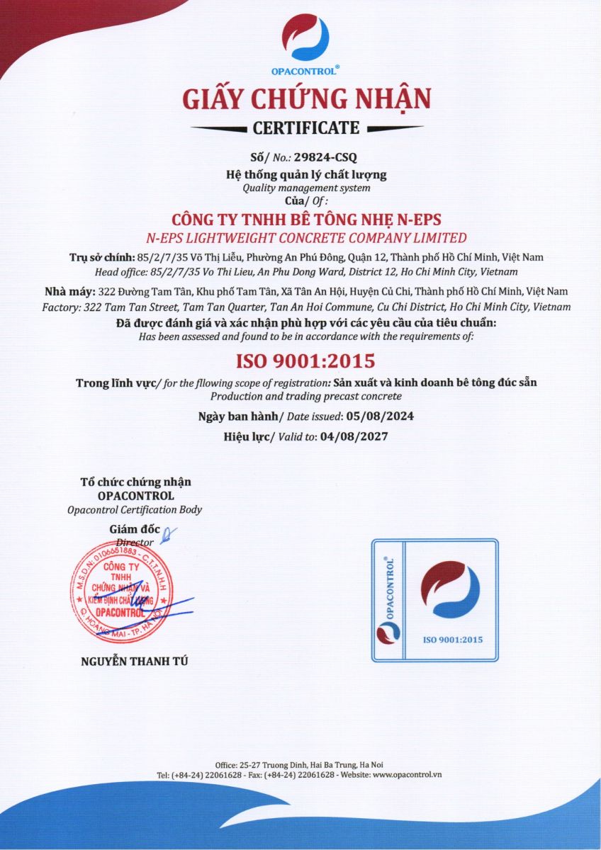 Chứng nhận iso công ty bê tông nhẹ N-EPS